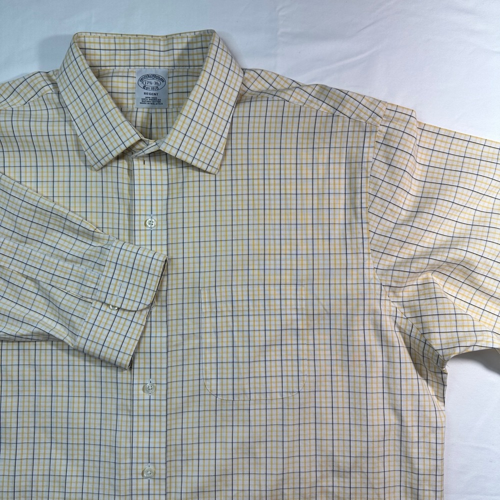 Brooks Brothers Regent Fit Non Iron Plaid Dress Shirt - Mens 17½ 36 Yellow plaid